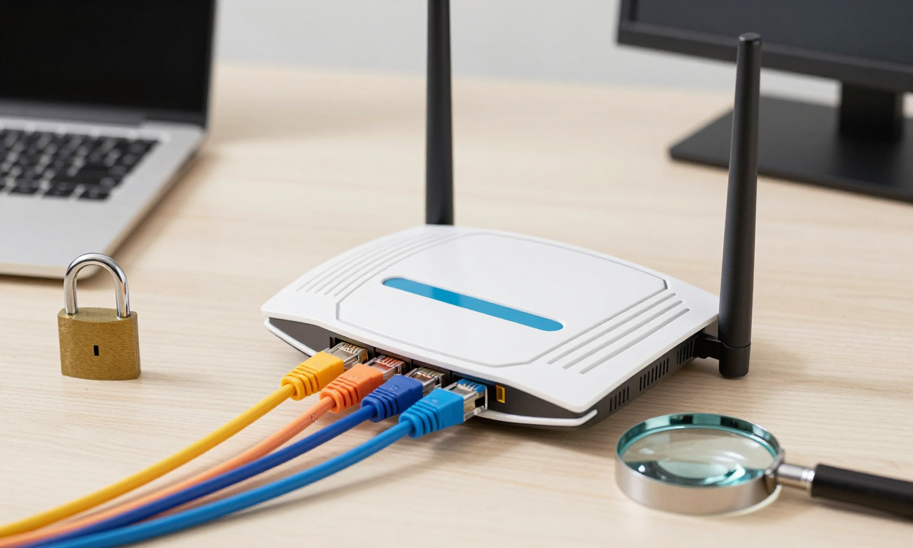 Router, network cables, lock, and magnifying glass for a security audit